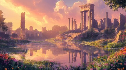 Canvas Print - Serene ruins reflected in a calm lagoon surrounded by greenery wildflowers at dawn