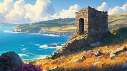 Sticker - Coastal watchtower ruins overlooking vibrant sea and hills bathed in afternoon sunlight