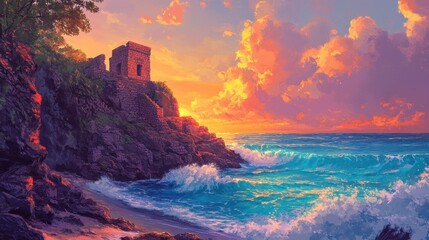 Sticker - Majestic temple ruin on a cliff overlooking a turquoise sea with crashing waves at sunset