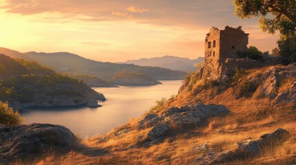 Canvas Print - Stone ruins in coastal hills at sunset sky painted with warm hues and soft light