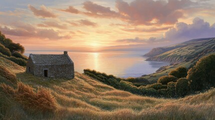 Poster - Peaceful scene of stone structure in coastal hills sea and sunset creating a timeless view