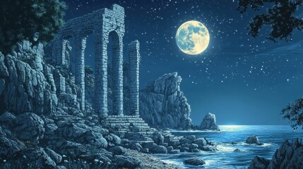 Sticker - Atmospheric temple ruins lit by full moon stars twinkling waves softly lapping below