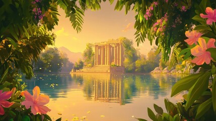 Poster - Lagoon reflecting temple ruins framed by greenery and flowers bathed in golden sunset light