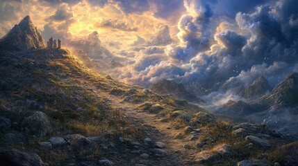 Canvas Print - Trail winding through rocks and grasses to temple ruins soft sunlight breaking through clouds