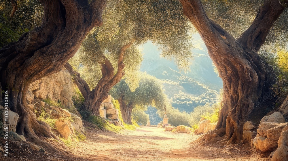 Sunlit path under ancient olive trees forming a natural archway leading ...