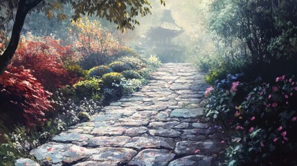 Canvas Print - Cobblestone path leading to temple surrounded by greenery softly illuminated by diffused light