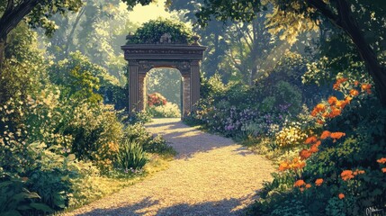 Canvas Print - Path lined with flowering plants leads to a temple sunlight filtering through trees creating warmth