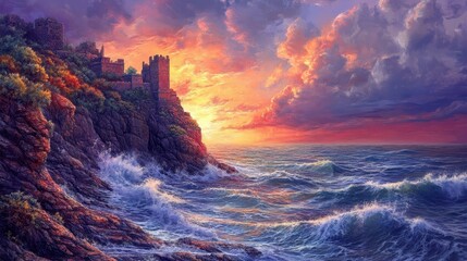 Poster - Cliffside path leading to ancient temple vibrant sunset over crashing waves creating a dramatic scene