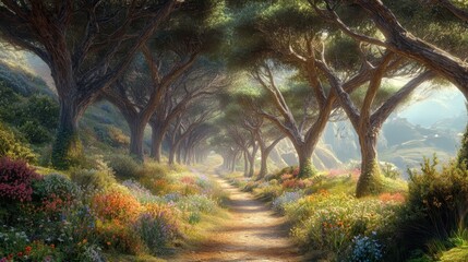 Poster - Path beneath cypress tree canopy leading through wild grasses and flowers to temple in morning fog