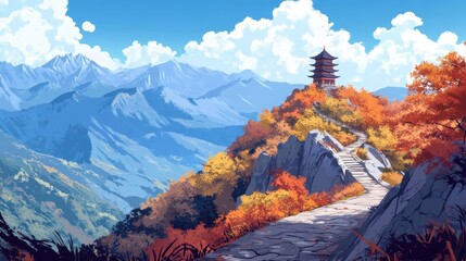 Sticker - High-altitude trail with autumn foliage leading to temple perched on rocky outcrop under blue skies