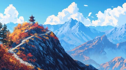 Poster - Trail with sweeping mountain views leading to temple on outcrop autumn colors and clear skies