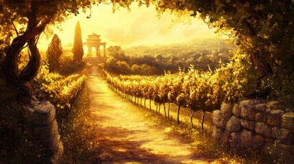 Sticker - Trail through vineyard with grapes and stone walls golden light leading to temple ahead