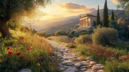 Poster - Stone path with wildflowers leading to Greek temple surrounded by hills and olive trees in sunlight