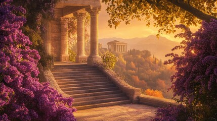 Poster - Grand stone staircase leading to Greek temple with columns blooming lilacs and vines under sunrise