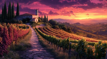 Wall Mural - Picturesque vineyard path leading to Greek chapel sunset sky glowing in reds and purples above