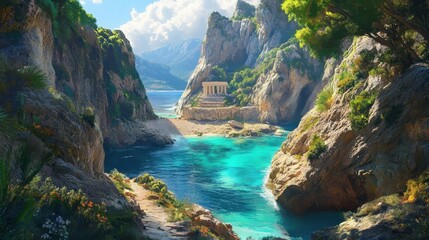 Canvas Print - Secluded cove with path leading to cliffside Greek temple glowing under bright midday sunlight