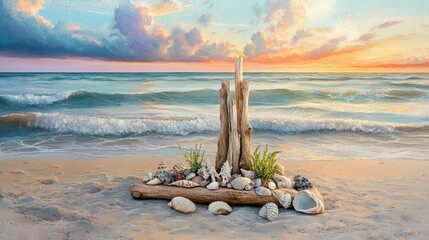 Sticker - Simple beach altar with driftwood and seashells facing ocean under soft sunset light waves gently lapping