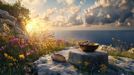 Poster - Altar on cliff with bread and olive oil offerings wildflowers and sunset sky glowing over the sea