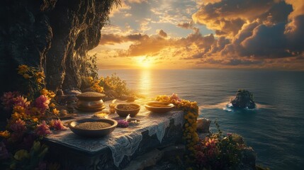 Canvas Print - A cliffside altar with fragrant herbs and grains bathed in sunset light overlooking the ocean