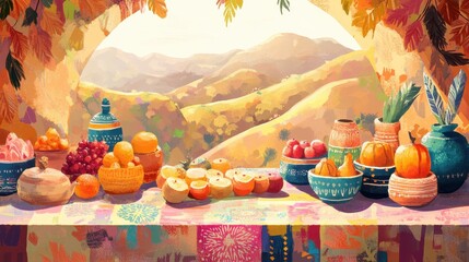 Poster - Altar in a hilly landscape with handcrafted pottery and fruits bathed in morning light