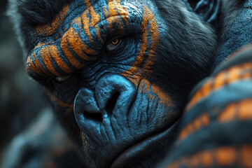 A striking gorilla displays colorful, abstract tribal-like face markings, blending wild beauty with artistic expression, modern styles, and surreal creativity.