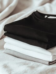 Leinwandbilder - Minimalist sportswear is folded neatly on a smooth table, highlighting a blend of black, white, and gray fabrics tailored for active lifestyles. Generative AI