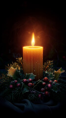 Sticker - A simple Christmas candle glowing softly in the center, surrounded by a ring of holly and pine needles on a dark background.