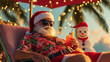 © Stefan - Santa Claus relaxing on a tropical beach, wearing sunglasses and a Hawaiian shirt with his red hat, holding a tropical drink, surrounded by palm trees with Christmas lights. Generated AI