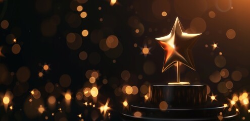 Wall Mural - golden star trophy on elegant black podium for award ceremonies and celebrations.