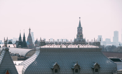 Top view of Moscow, the roofs of the Kremlin and the Historical Museum, the Red Square