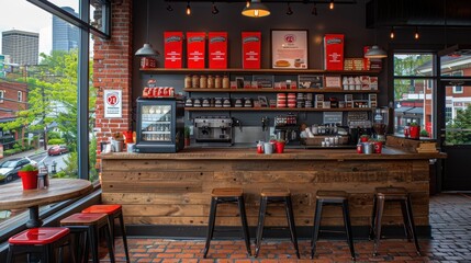 An inviting coffee shop with a rustic wooden counter and a view of the city outside, showcasing shelves stocked with various coffee products and equipment