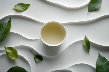 Poster - A serene tea cup filled with tea sits on a textured surface, elegantly framed by soft green leaves that enhance the peaceful ambiance. Generative AI