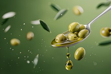 Wall Mural - Olives with virgin olive oil drop on green background