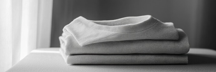 Aufkleber - Minimalist sportswear is carefully folded on a smooth table, highlighted by soft natural light filtering through nearby curtains. Generative AI