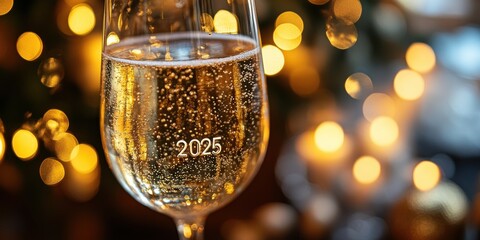 A beautifully lit close-up image of a glass of sparkling champagne labeled with the year 2025, set against a warm, festive bokeh background with golden lights