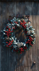 Wall Mural - A snow-covered Christmas wreath with red berries and pine cones, hanging on a rustic wooden door, softly lit from above.