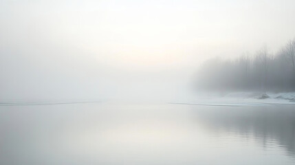 Wall Mural - misty lake at sunrise, casting soft light on a frozen forest and shoreline, creating a serene winter