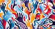 © BersyukurStock - A vibrant abstract design featuring colorful, stylized hands in various positions isolated on white background, symbolizing unity and diversity.