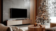 © Stock Empire - A modern living room decorated for the holiday season, featuring a wall-mounted TV, a snow-covered Christmas tree with warm lights, and festive decor, creating a cozy winter ambiance
