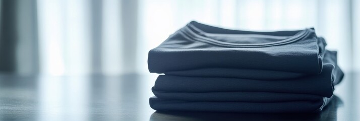 Poster - A stack of neatly folded minimalist sportswear rests on a smooth table, basking in the soft afternoon light from the nearby window. Generative AI