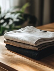 Aufkleber - Minimalist sportswear is perfectly folded on a wooden table, surrounded by natural light and soft greenery in a calm indoor setting. Generative AI