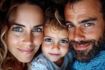 A close-up portrait of a happy family of three, featuring a smiling mother, father, and child, capturing a moment of togetherness and joy with warm expressions.