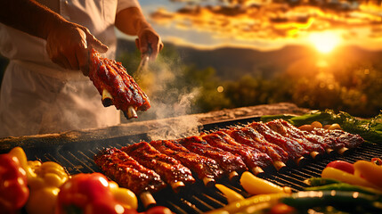 Grill Chef Flipping BBQ Ribs Surrounded by Summer Vegetables on a Warm Sunset Evening