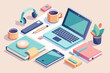 © Imran - Isometric Workspace with Office Supplies in Pastel Colors