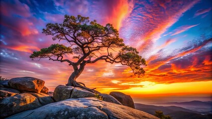 Stunning Silhouette of a Single Tree on a Rock at Sunset – Nature's Beauty Captured in Contrast