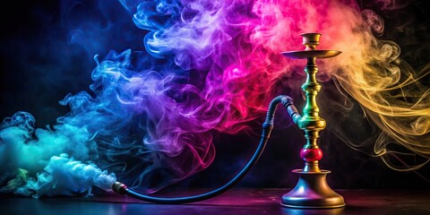 Colorful smoke curls from hookah pipe on dark background