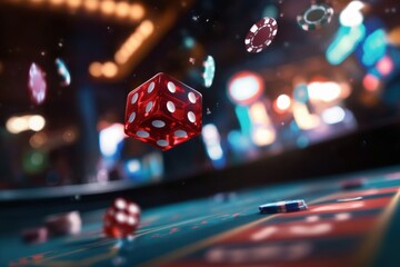 Poster - The red dice fly above a craps table in a lively casino, surrounded by an array of colorful poker chips scattered across the felt. Generative AI