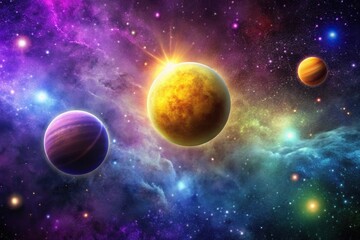 colorful space scene with purple and yellow planets and lots of stars in silhouette