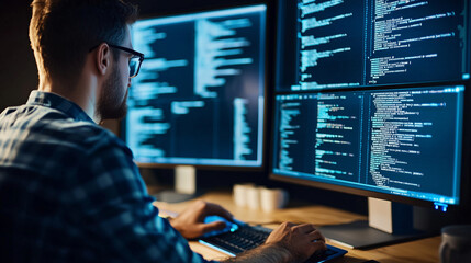 Developer Coding at Night with Cybersecurity Hologram