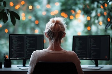 Woman working on dual computer monitors in cozy workspace with glowing bokeh lights in background, back view